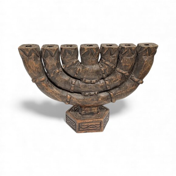 Vintage Large Carved Wood 7 Branch Menorah/Candelabra Signed - Picture 15 of 17